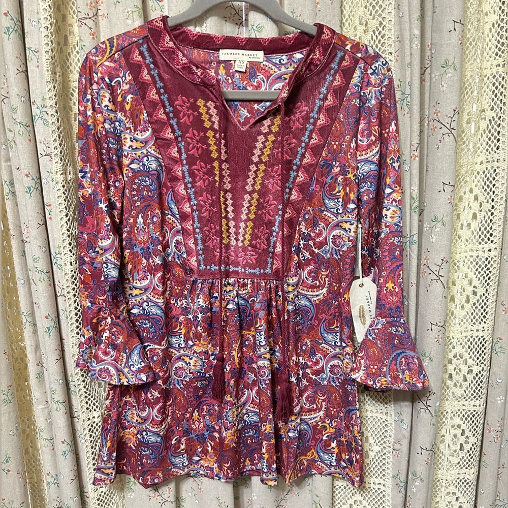 2/$28 Farmers‎ Market Boho Paisley Embroidered Tunic XS NWT